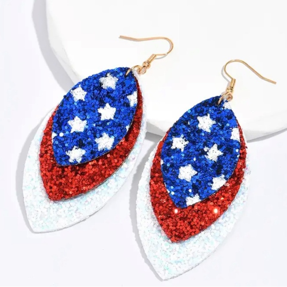 Americana Big Teardrop Patriotic Earrings July 4th Fourth Sparkle Red White Blue